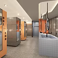Modern Public Restroom With Numbered Lockers Washbasins Tiled Walls And Mirrors