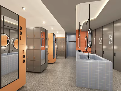 Modern Public Restroom With Numbered Lockers Washbasins Tiled Walls And Mirrors 3d model