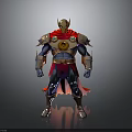 Superhero 3D Character Model With Golden Helmet Red Cape Yellow Chest Emblem And Blue Bodysuit