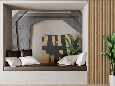 Modern Bay Window Interior Design With Brown And White Pillows Green Plants And Geometric Painting 3d model