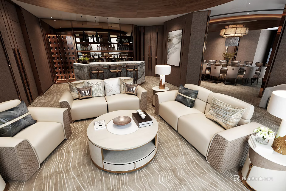 Luxurious Hotel Public Lounge With Beige Sofas Coffee Table And Elegant Decor 3d model 