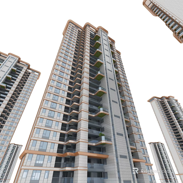 Modern High-rise Residential Building Exterior with Glass Windows and Balconies Design 3d model 