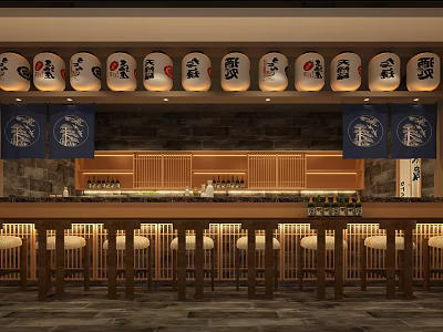 Traditional Japanese Restaurant Interior With Wooden Counter And Paper Lanterns Decor 3d model