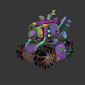 Purple Green And Yellow Military Tank With Mechanical Details Caterpillar Tracks And Gear Design