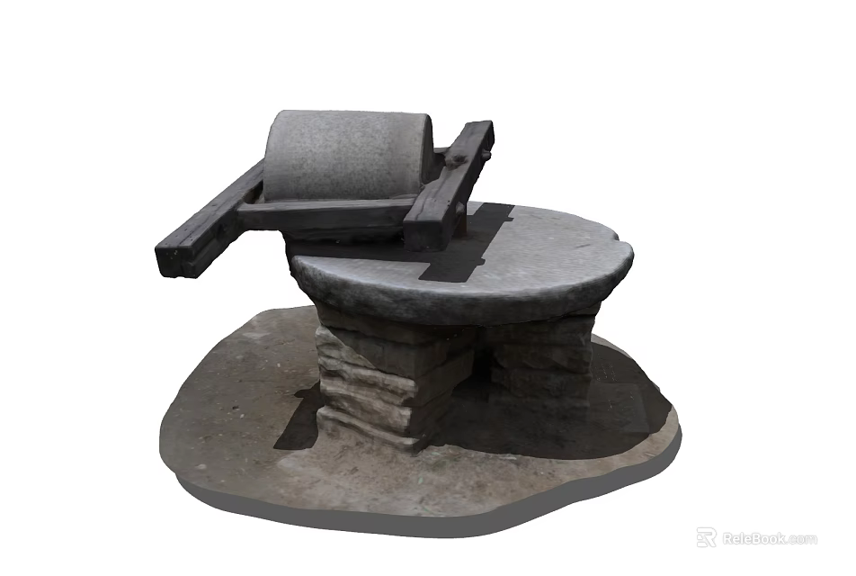 Rustic Stone Garden Ornament Featuring Circular Millstone Plate And Wooden Handle 3d model 