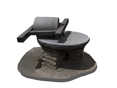 Rustic Stone Garden Ornament Featuring Circular Millstone Plate And Wooden Handle 3d model