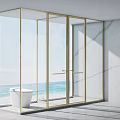 Modern Shower Sauna Glass Enclosure With Gold Frame Marble Wall And Ocean View