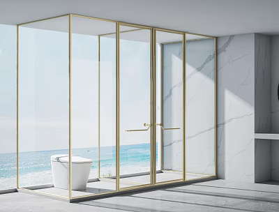 Modern Shower Sauna Glass Enclosure With Gold Frame Marble Wall And Ocean View 3d model