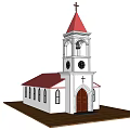 Ancient Historic Church Building with Bell Tower Cross Red Door and White Walls