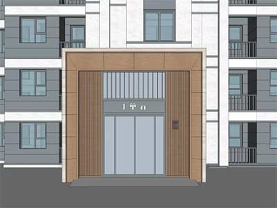 Main Entrance Of Modern Apartment Building With Wooden Frame Glass Door And Vertical Slats 3d model