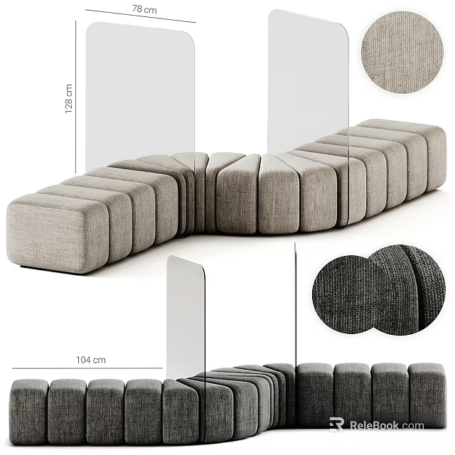Modular Curved Gray Fabric Sofa Bench With Comfortable Seating Design 3d model 