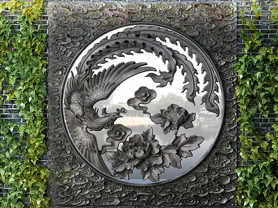 Exquisite Carved Lattice Window Displaying Phoenix Peony Flowers And Brick Wall Vines 3d model