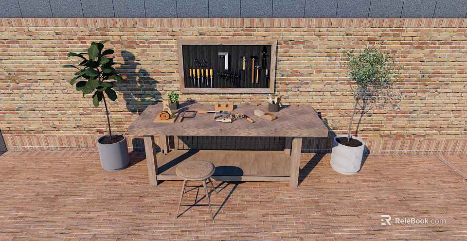 Organized Hardware Tools On Wooden Table With Brick Wall Tool Rack Stool And Potted Plant 3d model 