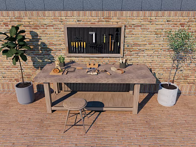 Organized Hardware Tools On Wooden Table With Brick Wall Tool Rack Stool And Potted Plant 3d model