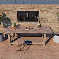 Organized Hardware Tools On Wooden Table With Brick Wall Tool Rack Stool And Potted Plant