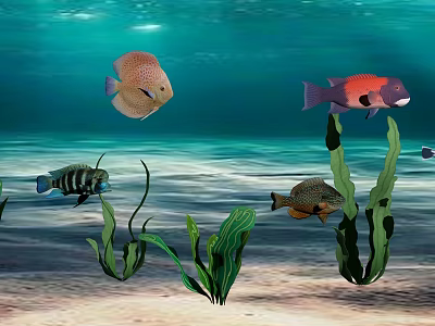 Colorful Tropical Fish Gracefully Swimming In Underwater Scene With Green Seaweed And Sandy Ocean Floor 3d model