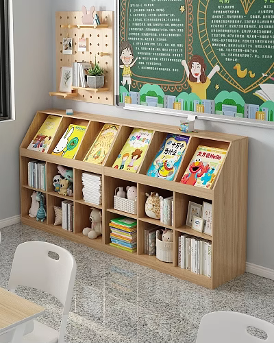 Wooden Kids Bookshelf with Colorful Storybooks and Stuffed Toys in Reading Corner 3d model