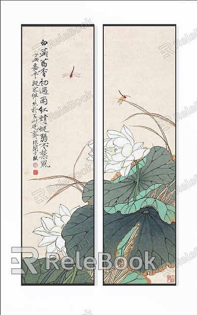 New Chinese Style Plant Painting Fresh and Elegant White Lotus Dragonfly Double Hanging Painting Combination model