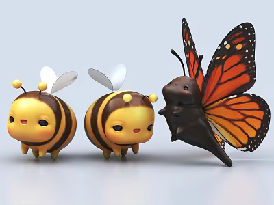 Cute Yellow And Black Bees And Orange Monarch Butterfly With Round Bodies 3d model Cute Yellow And Black Bees And Orange Monarch Butterfly With Round Bodies 3d model