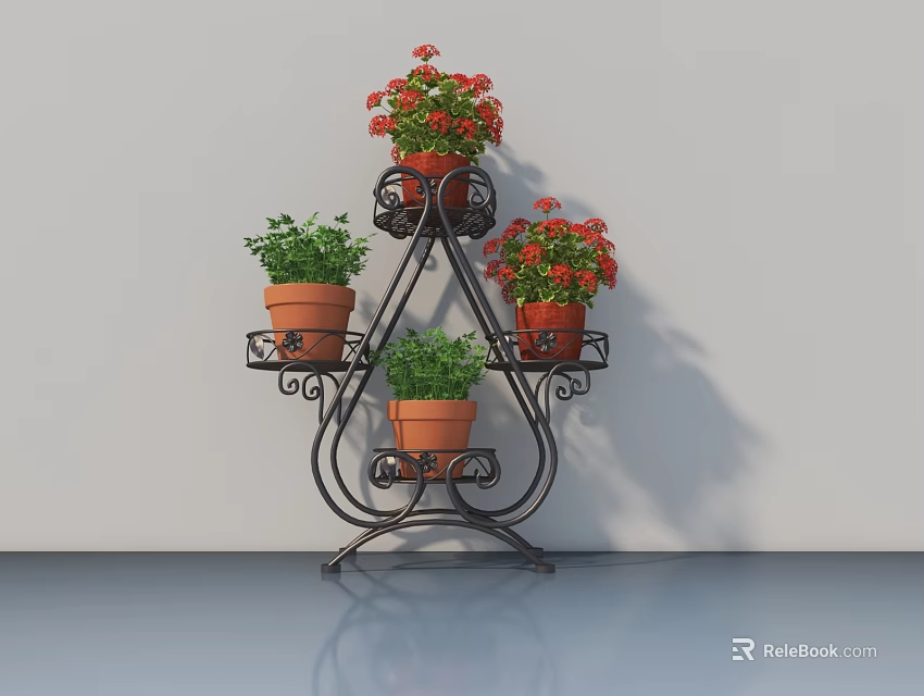 Potted Plants Displayed On Three Tier Black Iron Stand With Red Flowers And Green Leaves 3d model 