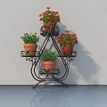 Potted Plants Displayed On Three Tier Black Iron Stand With Red Flowers And Green Leaves