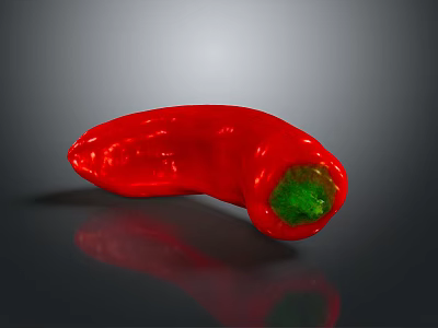 Fresh Red Chili Pepper With Green Inner Flesh On Dark Reflective Surface 3d model