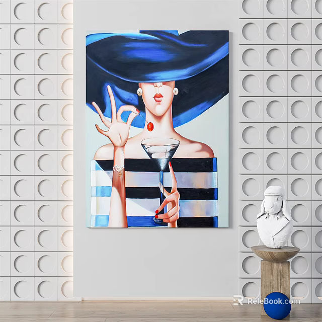 Portrait Painting Female with Blue Wide Brim Hat Striped Top OK Gesture and Martini Glass 3d model 