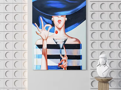 Portrait Painting Female with Blue Wide Brim Hat Striped Top OK Gesture and Martini Glass 3d model