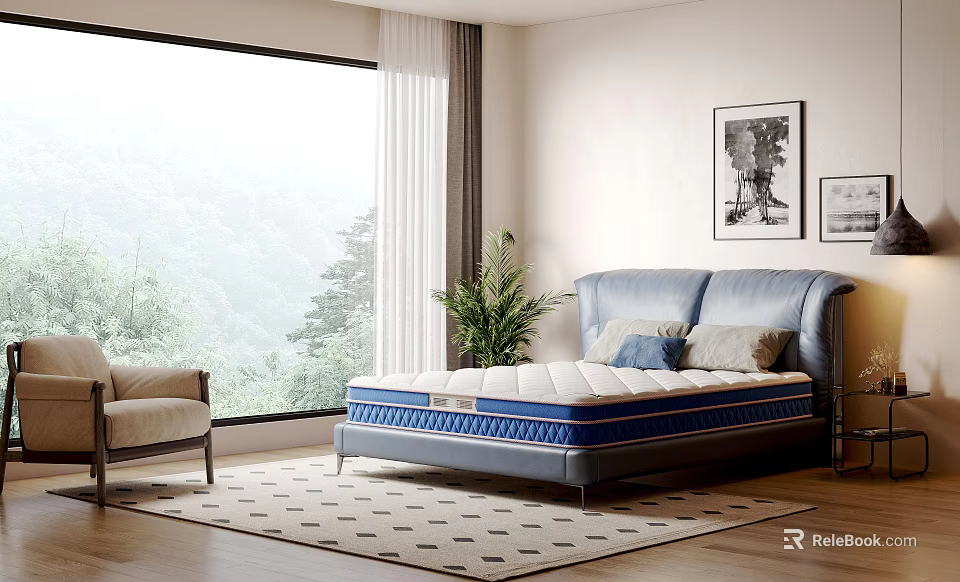Blue Upholstered Double Bed With Mattress Potted Plant And Mountain View Through Large Window 3d model 