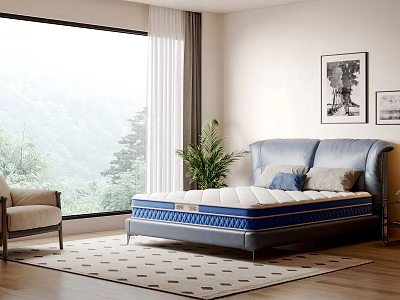 Blue Upholstered Double Bed With Mattress Potted Plant And Mountain View Through Large Window 3d model