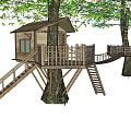 Wooden Garden Tree House With Staircase Railing And Bridge Between Trees On Snowy Ground