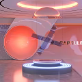 Modern Exhibition Hall With Circular Ceiling Orange Blue Lighting Floating Transparent Sphere And Illuminated Platform