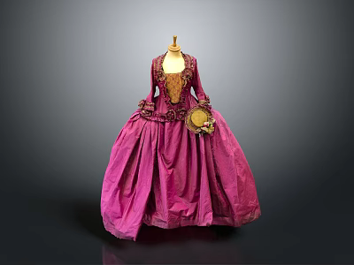 Vintage Pink Gown With Lace And Embroidery Details Ruffled Skirt And Gold Handheld Accessory 3d model