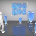 Man Standing Near Blue Transparent Display Panels With Layout Diagram And Floor Markers