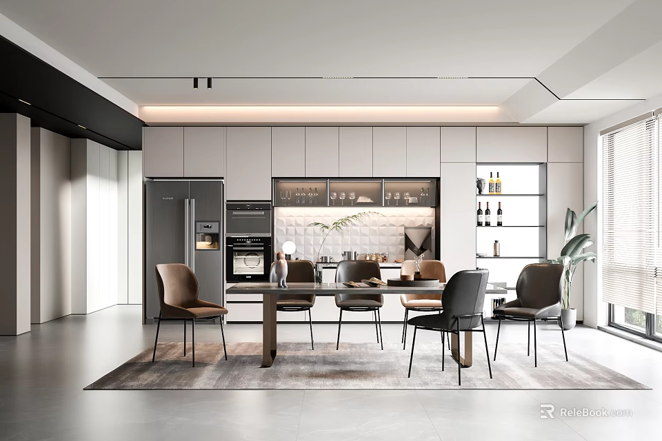 Modern Open Restaurant Interior With Dining Table Chairs Marble Countertops And Lighting 3d model 