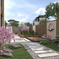 Beautiful Courtyard Garden With Pink Cherry Blossom Tree Wooden Fence Stone Pathway And Green Plants