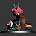 Girl With Pink Hair Green Eyes Sitting On Orange Bookshelf With Little Green Bird