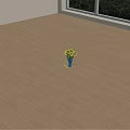 Light Brown Wooden Flooring with Blue Vase Holding Yellow Flowers Near Window with Green View