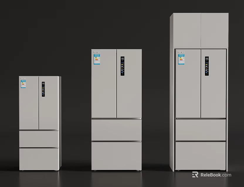 White Refrigerators Freezers Three Different Sizes with Double Doors and Bottom Drawers Modern Sleek Design 3d model 