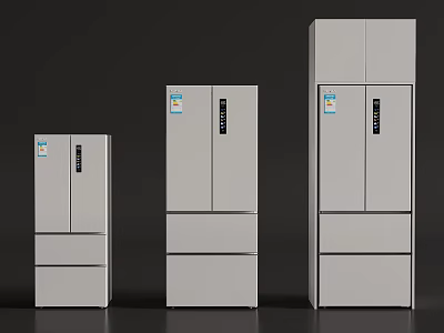 White Refrigerators Freezers Three Different Sizes with Double Doors and Bottom Drawers Modern Sleek Design 3d model