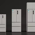 White Refrigerators Freezers Three Different Sizes with Double Doors and Bottom Drawers Modern Sleek Design