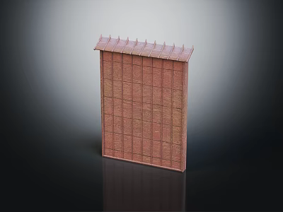 Red Grid Patterned Wall Structure With Spiked Top And Vertical Panels 3d model