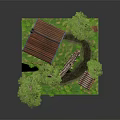 Cozy Wooden House With Red Roof Blue Walls Chimney Trees Grass Log And Small Shed