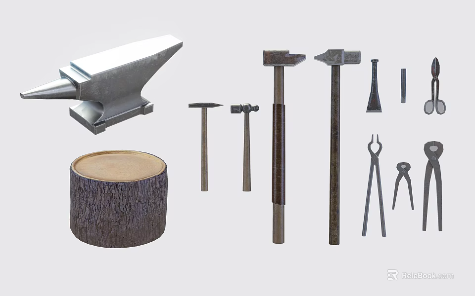 Complete Hardware Tools Set Including Anvil Wooden Stump Hammers and Pliers 3d model
