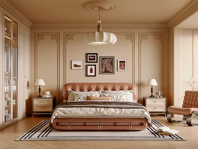 Elegant Modern Bedroom Interior With Brown Leather Bed Beige Walls Decorative Paintings Chandelier And Nightstands 3d model