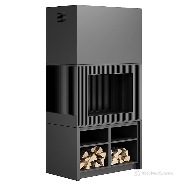 Modern Black Fireplace Design With Vertical Stripes And Wood Storage Compartments 3d model