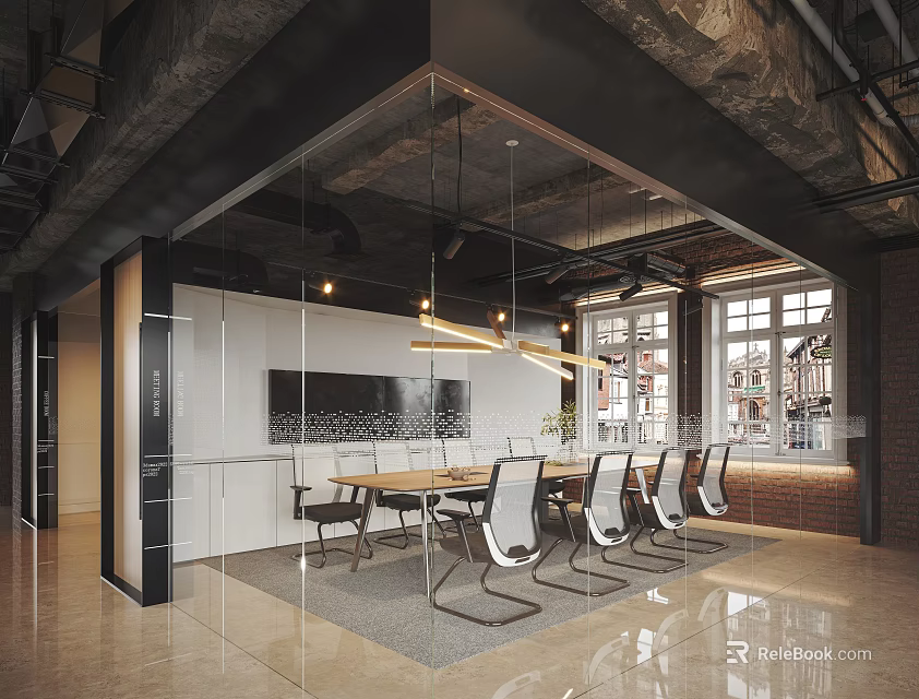 Modern Conference Room Interior With Glass Partitions Long Table Ergonomic Chairs And Hanging Lights 3d model 