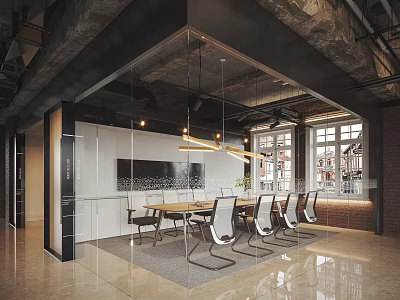 Modern Conference Room Interior With Glass Partitions Long Table Ergonomic Chairs And Hanging Lights 3d model