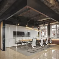 Modern Conference Room Interior With Glass Partitions Long Table Ergonomic Chairs And Hanging Lights