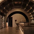 Modern Bar Interior With Arched Design Warm Lighting Wine Racks And Round Tables